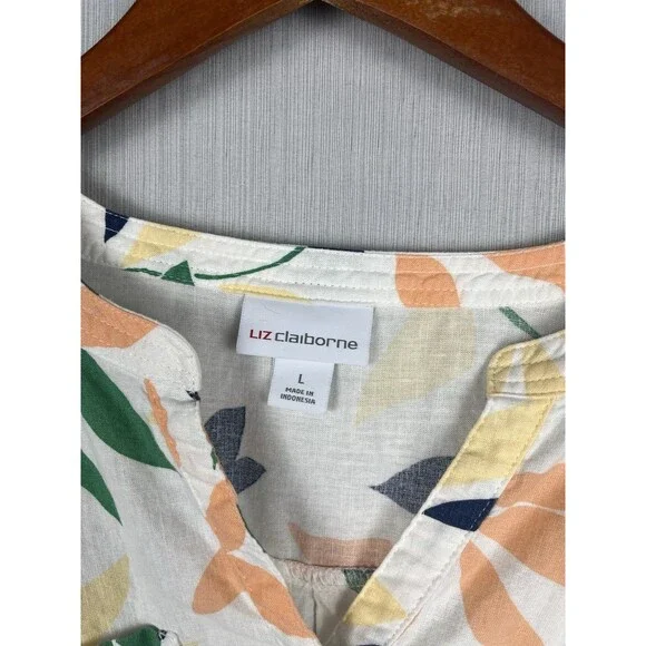 Liz Claiborne Linen Blend Tunic TopSplit Neck Colorful Floral Roll Tab Sleeves L - Picture 5 of 10